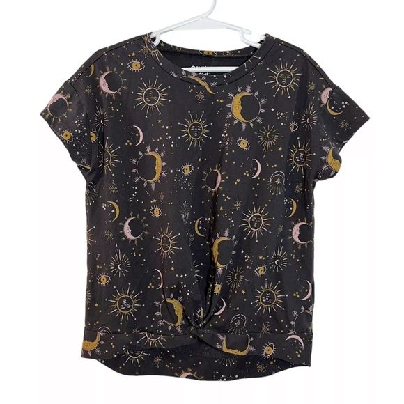 Oshkosh Girls T Shirt Size 8 Sun Moon Space Short Sleeve Knotted Hem Top Pattern - Picture 1 of 4